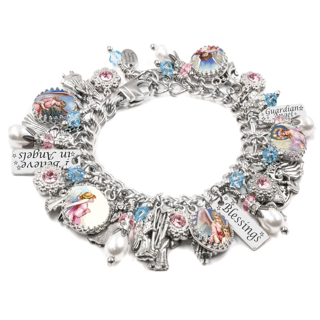 A silver charm bracelet adorned with various charms, including a heart-shaped charm, a bird charm, and a crystal charm. The bracelet also features a charm with a picture of a woman and the word "Blessings".