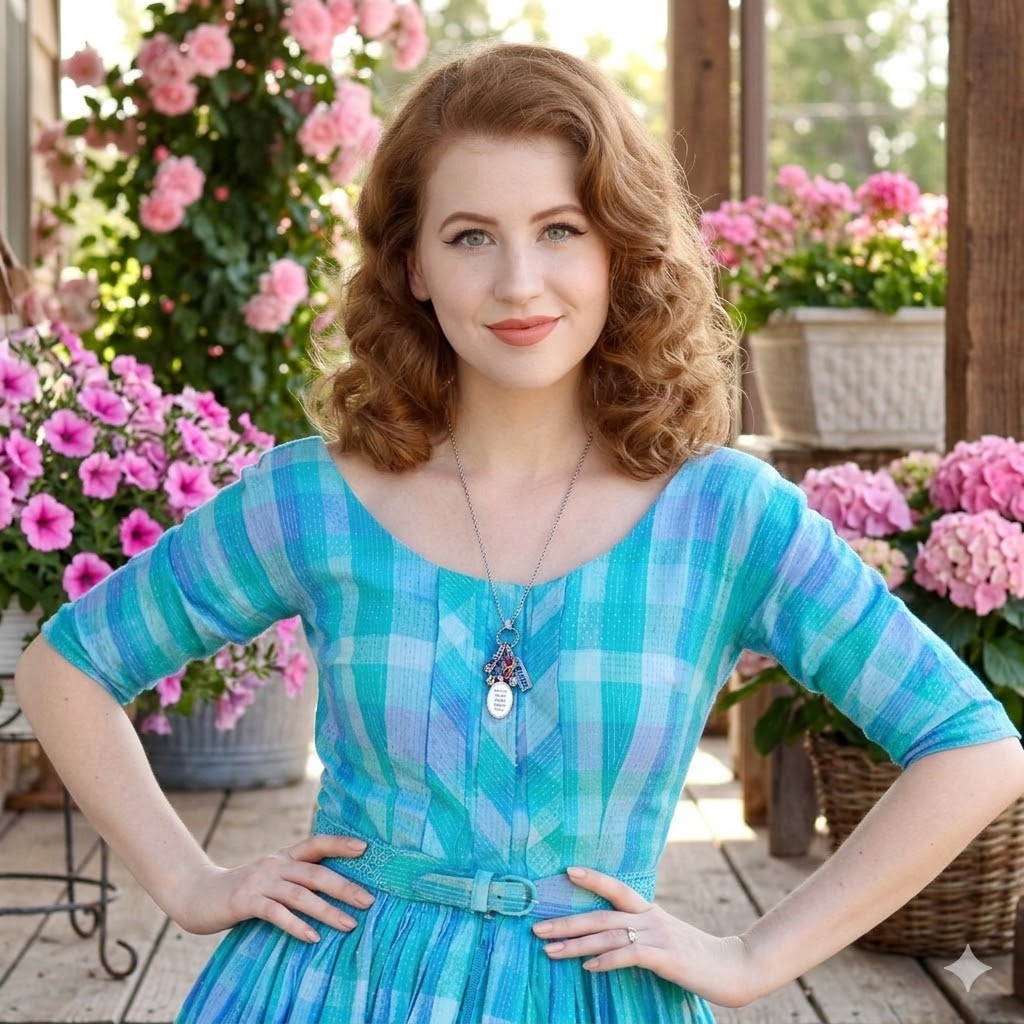 A woman with curly hair wearing a blue and white plaid dress stands in front of a garden filled with pink flowers.