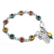 A bracelet with colorful gemstones and a charm attached to it.