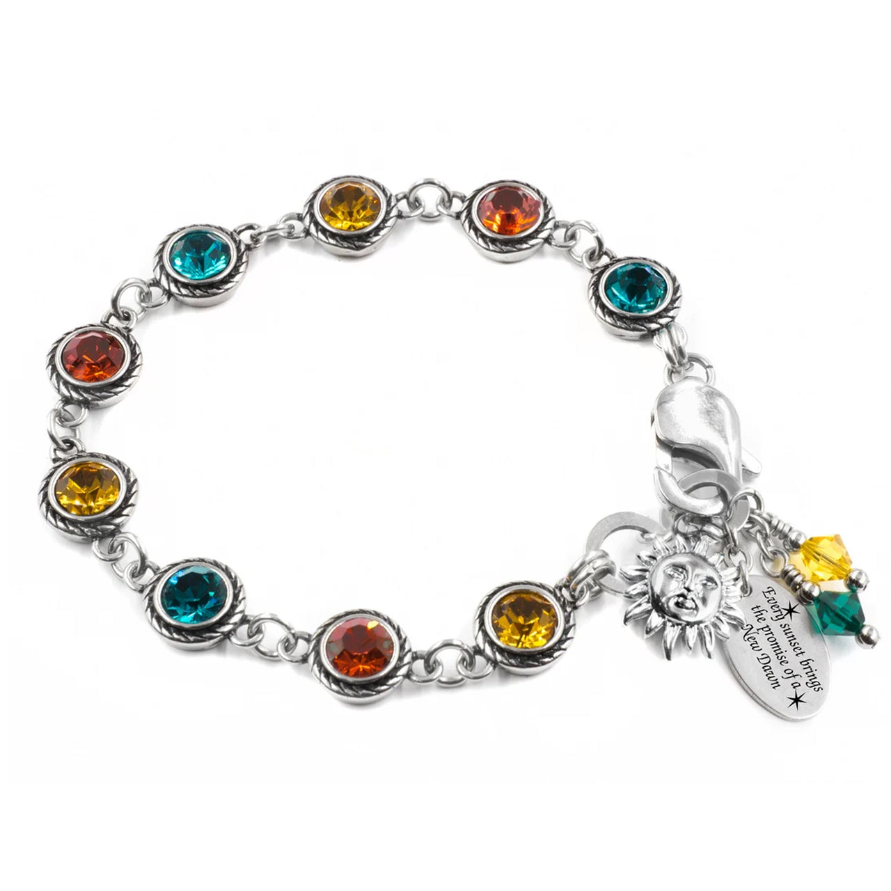 A bracelet with colorful gemstones and a charm attached to it.