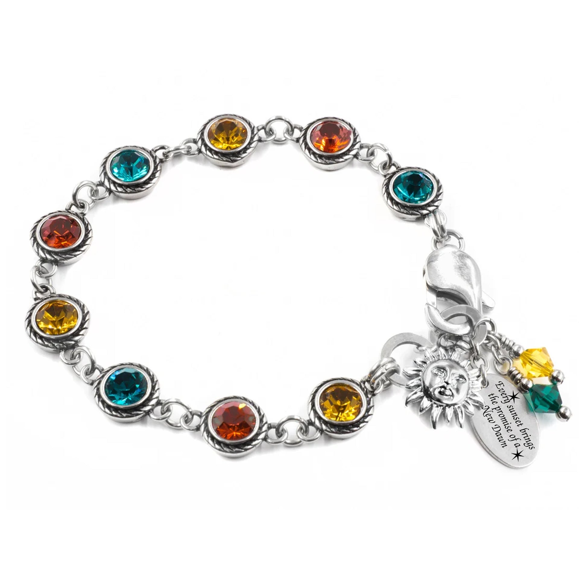 A bracelet with colorful gemstones and a charm attached to it.