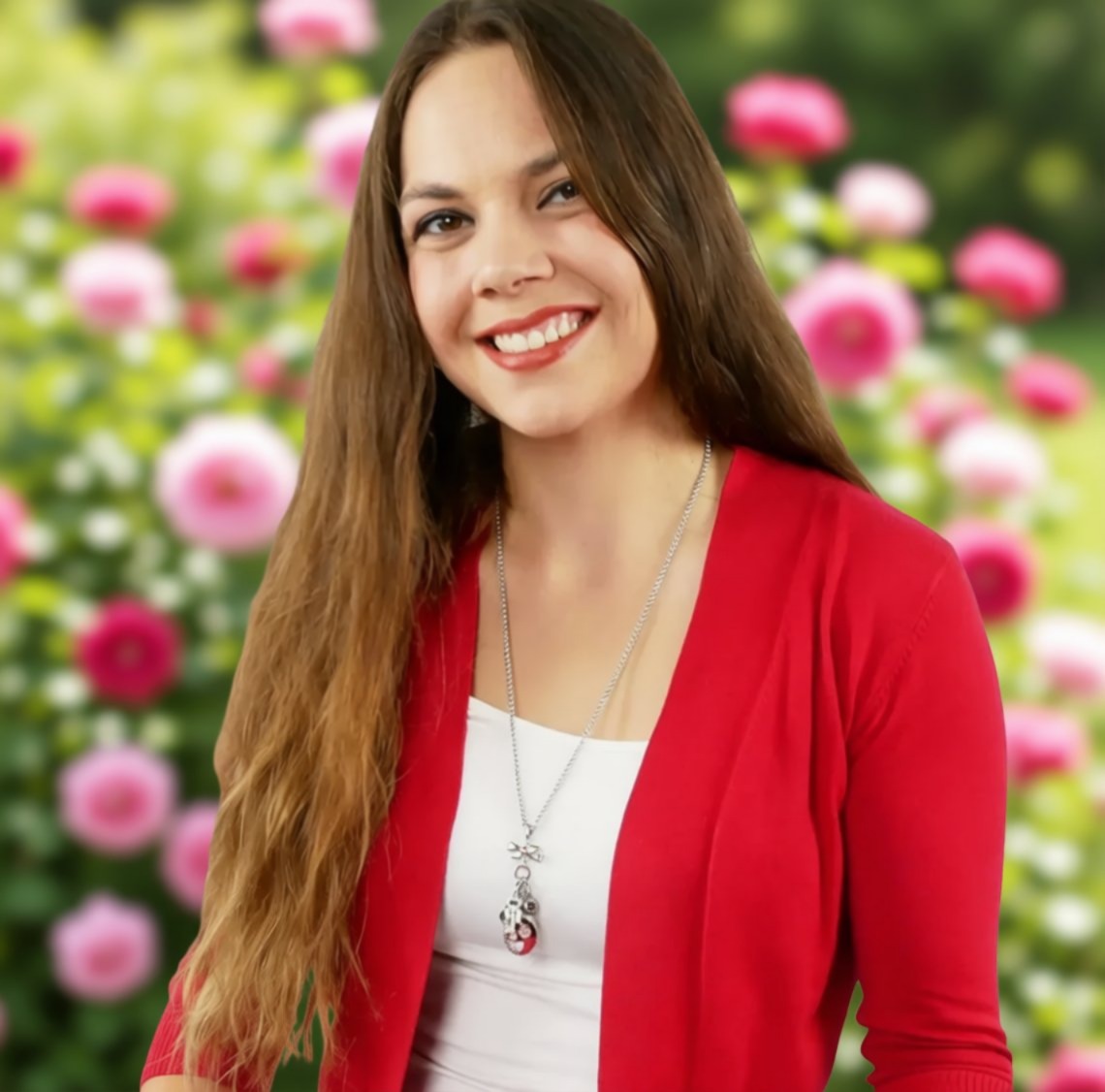 A young woman with long brown hair is smiling and wearing a red cardigan against a background of pink and white flowers.