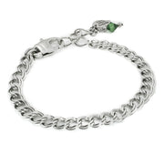 A silver-colored bracelet with a clasp and charm attached to it.