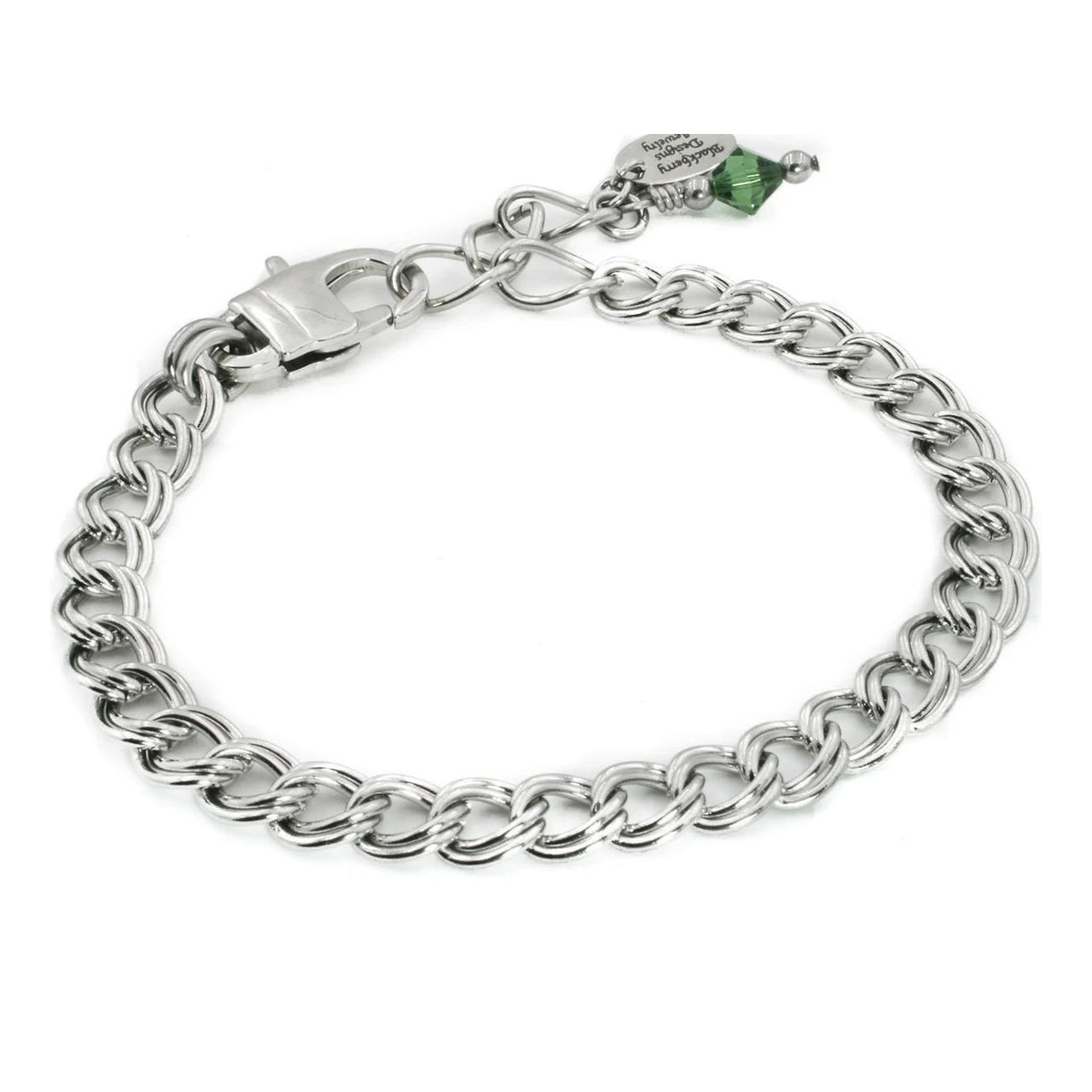 A silver-colored bracelet with a clasp and charm attached to it.