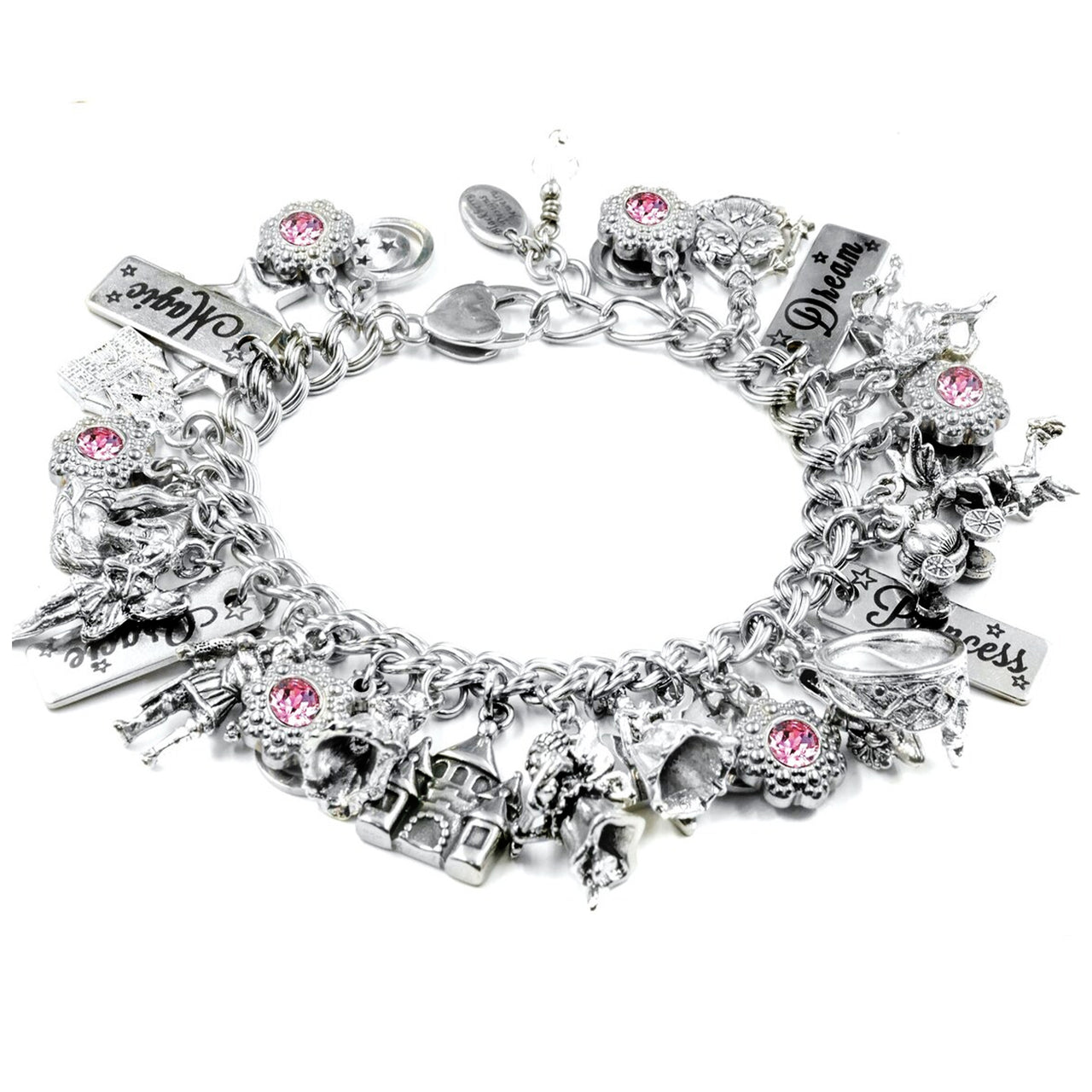 A silver charm bracelet adorned with various charms, including a castle, flowers, and a heart-shaped charm.