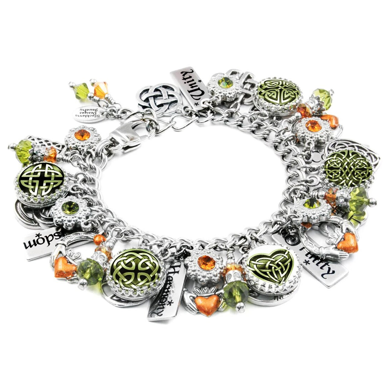 A silver-toned charm bracelet adorned with various charms, including a heart-shaped charm, green and orange gemstones, and other decorative elements.