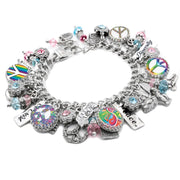 A colorful charm bracelet with various charms, including peace signs, gemstones, and other decorative elements.