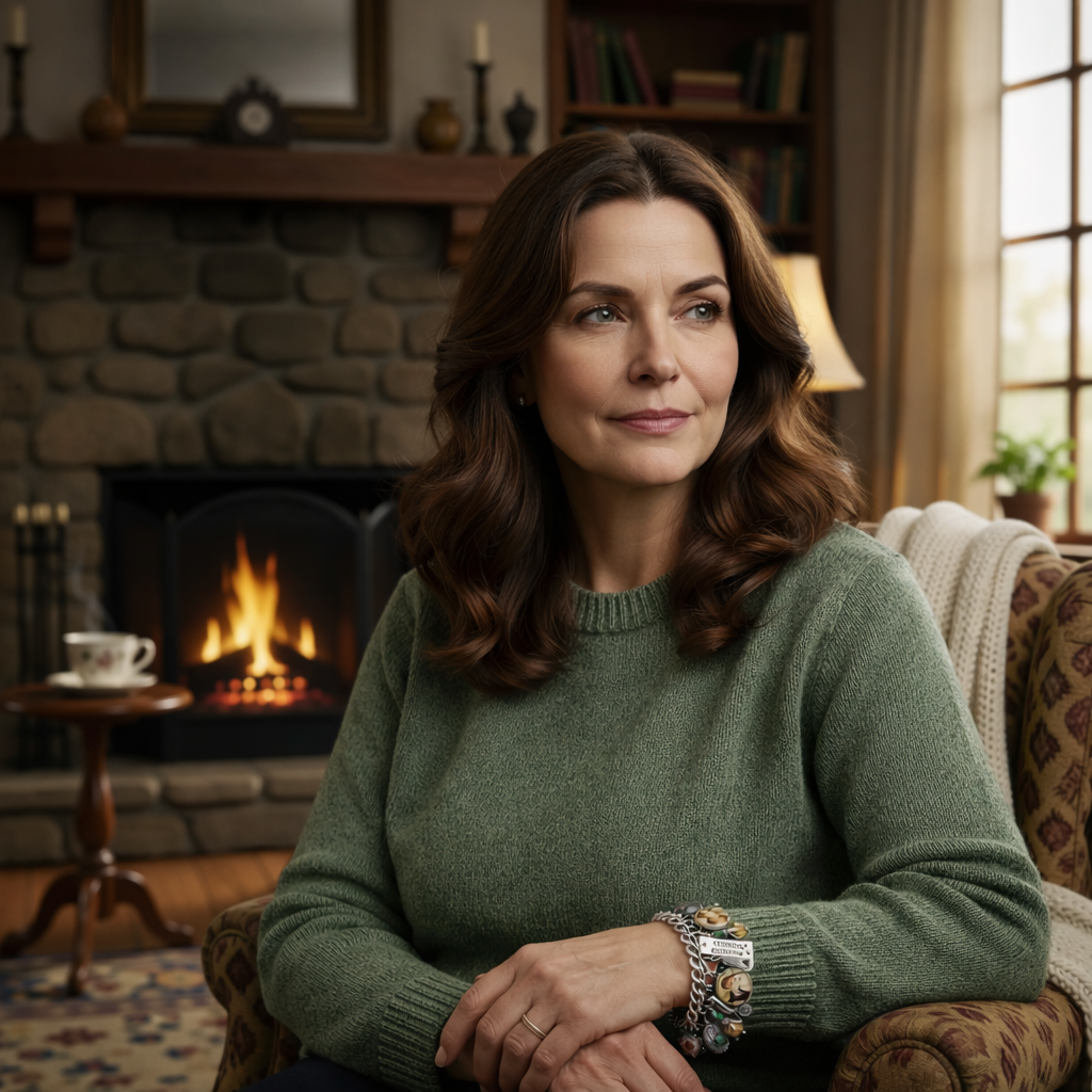 A woman with long brown hair is sitting in a chair in front of a fireplace, wearing a green sweater and a bracelet.