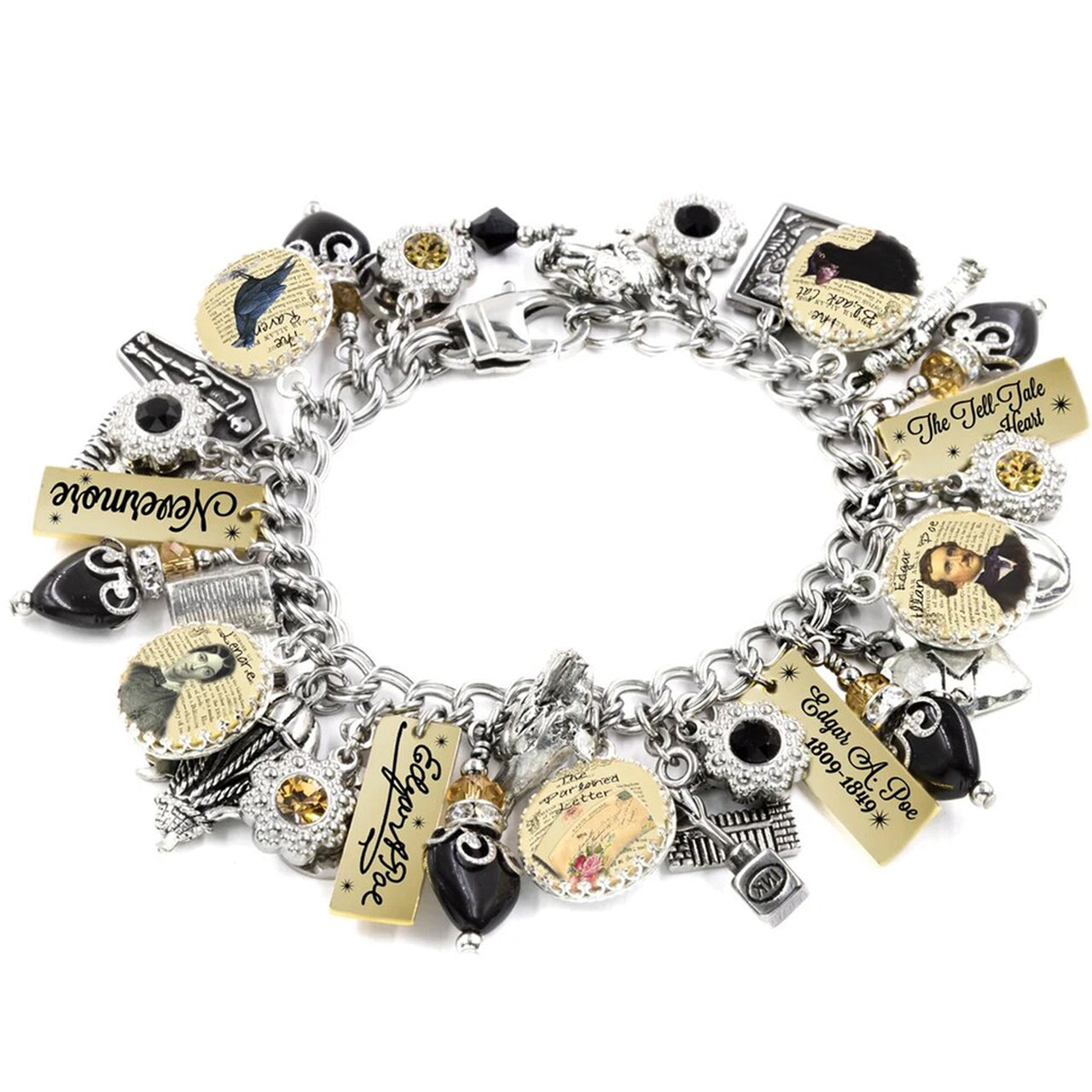 The image is a bracelet adorned with various charms, including a key, a bird, and a person.