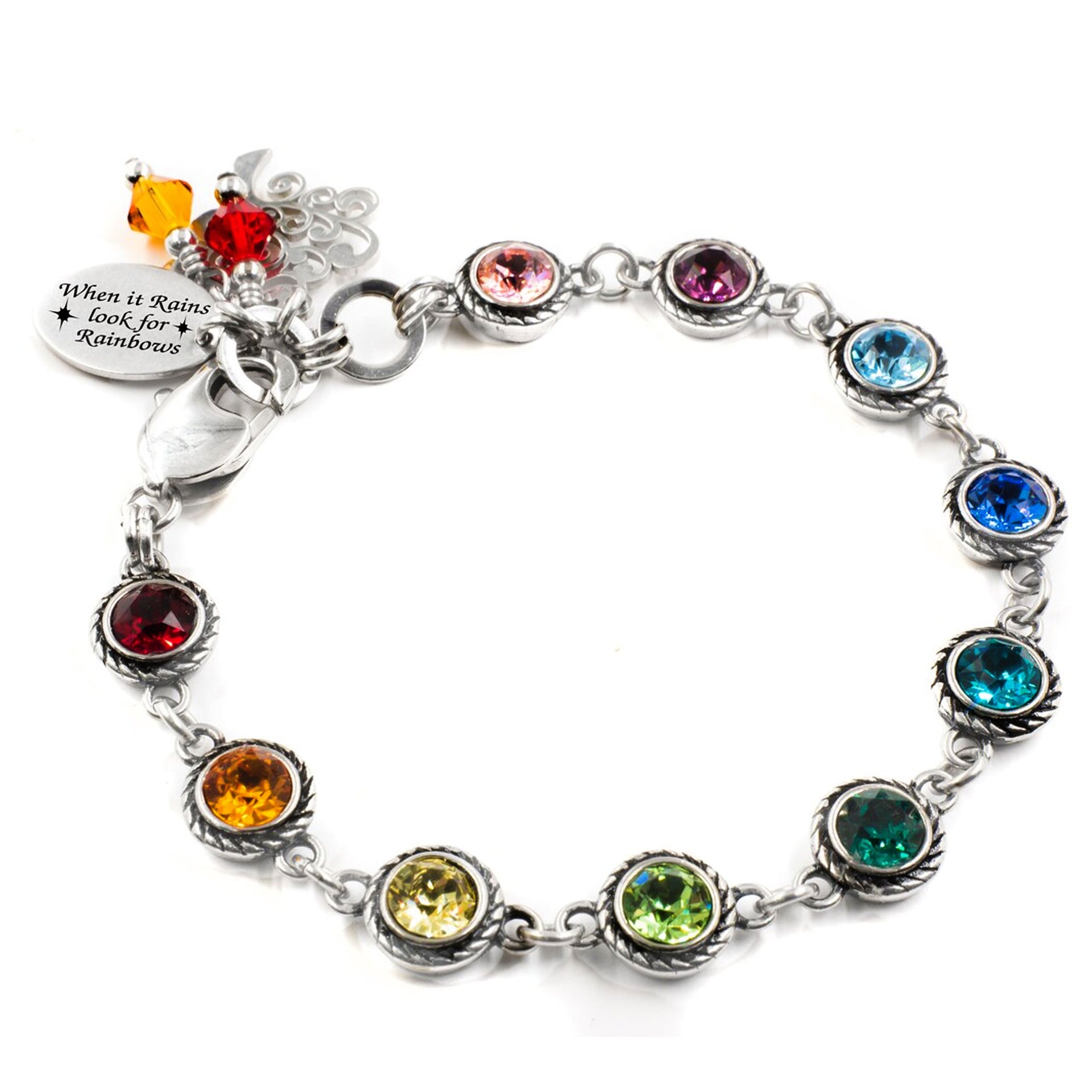 A bracelet with a charm and a charm bracelet, featuring a variety of colorful gemstones.