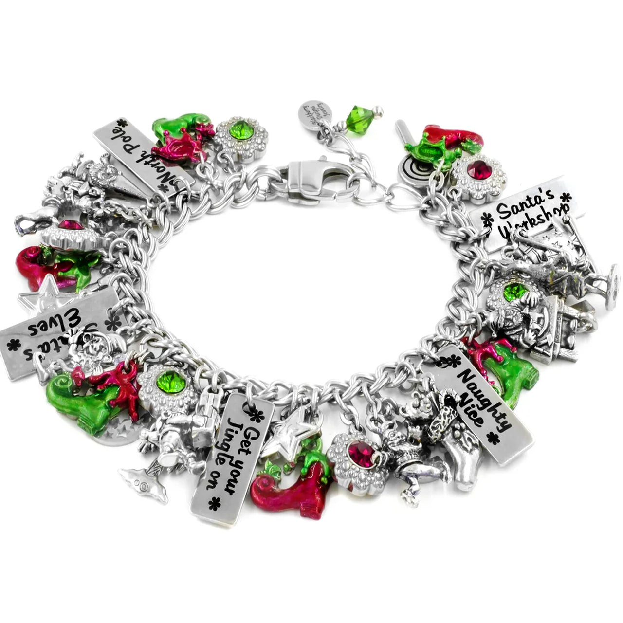 A silver-colored charm bracelet adorned with various Christmas-themed charms, including a Santa Claus figure, a snowman, and other festive elements.