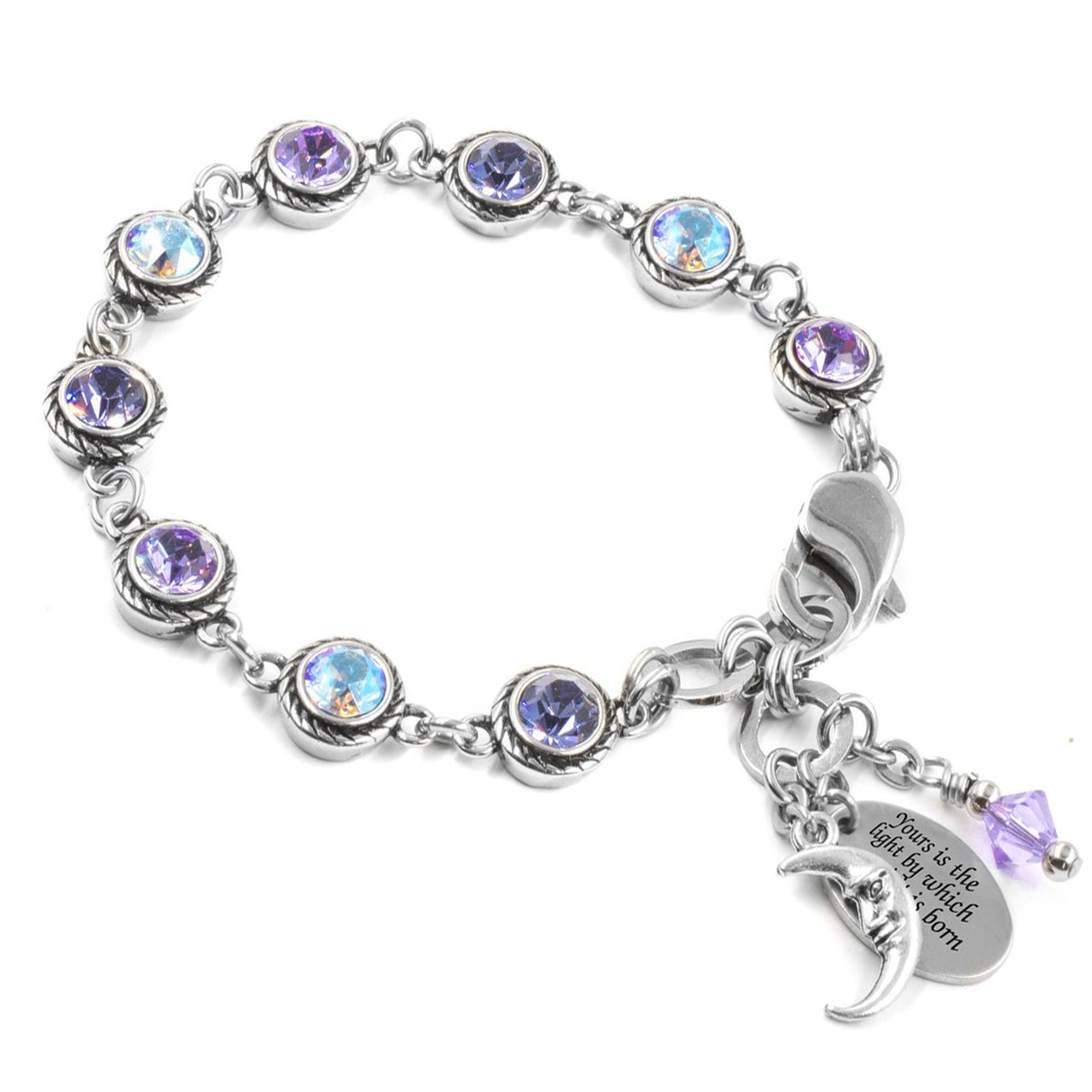 A silver bracelet with a charm and a charm bracelet with various gemstones.