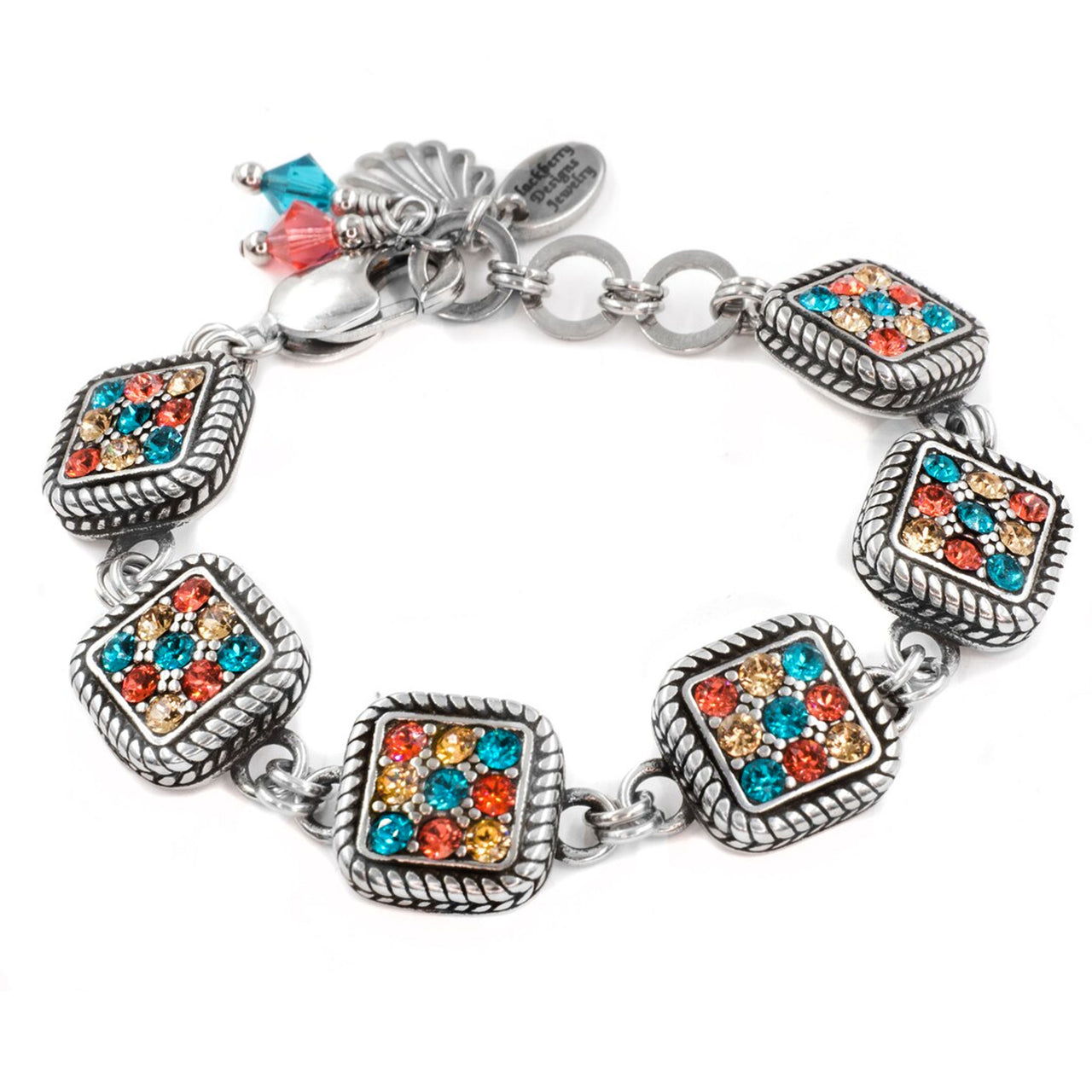 A colorful, ornate bracelet with square-shaped charms and rhinestones or crystals in various colors, including blue, orange, and yellow.
