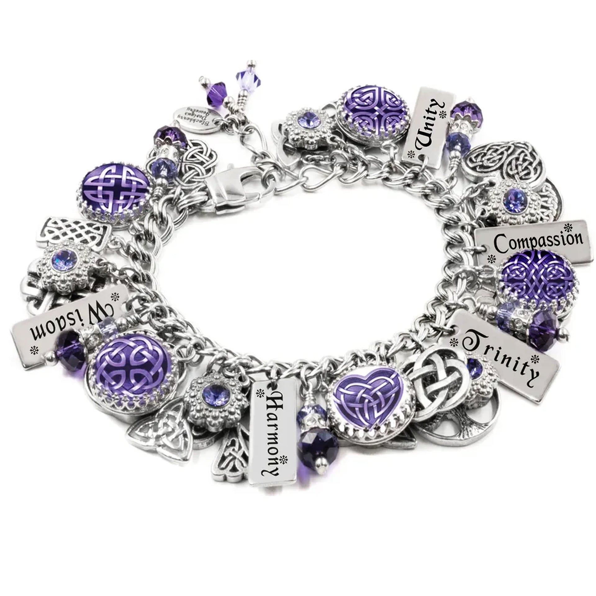 A silver-colored charm bracelet adorned with various charms, including purple gemstones, and metal tags with text.