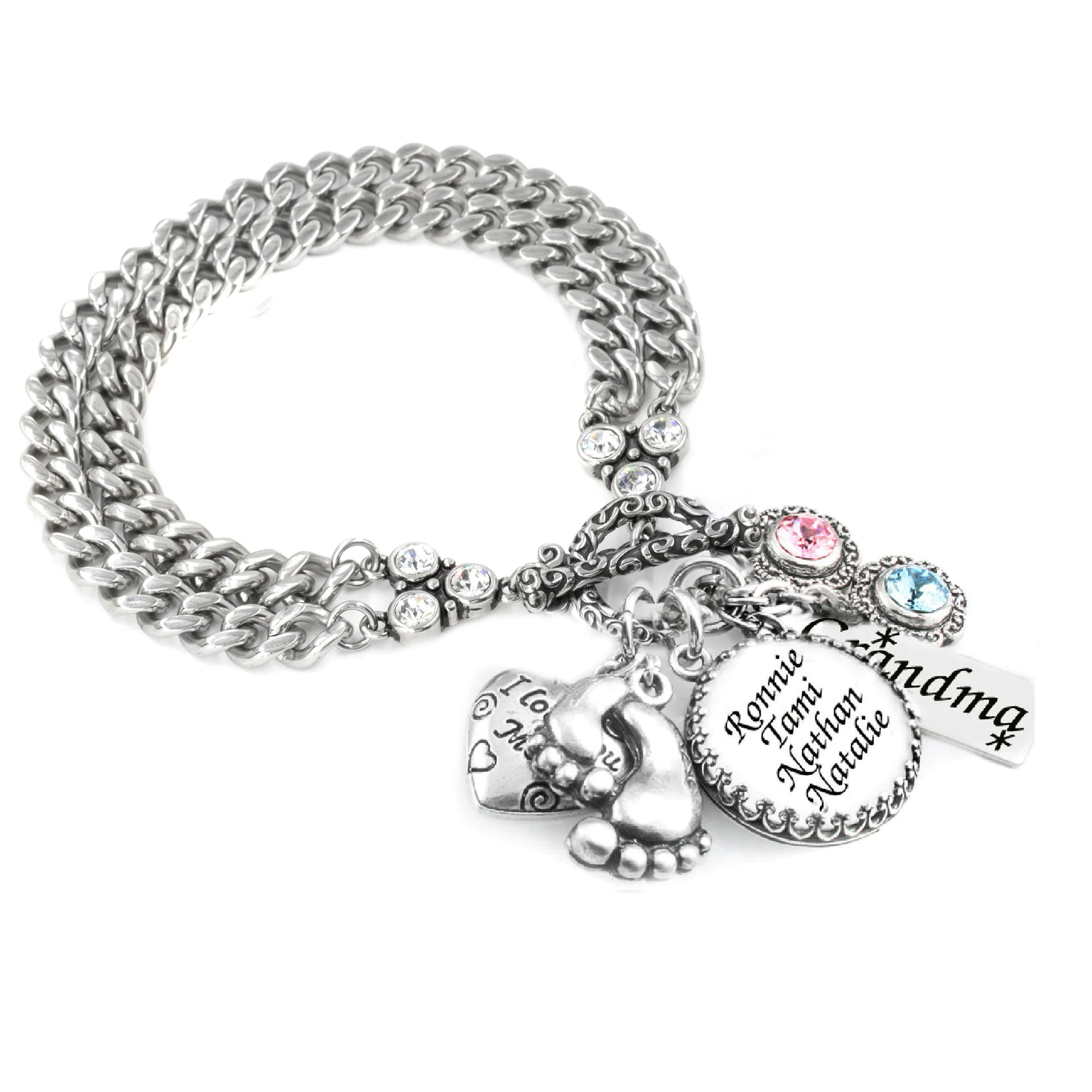 A silver-colored bracelet with various charms and charms attached to it.