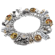 A silver charm bracelet adorned with various charms, including a key, a castle, and a book, as well as a charm that says " Belle".