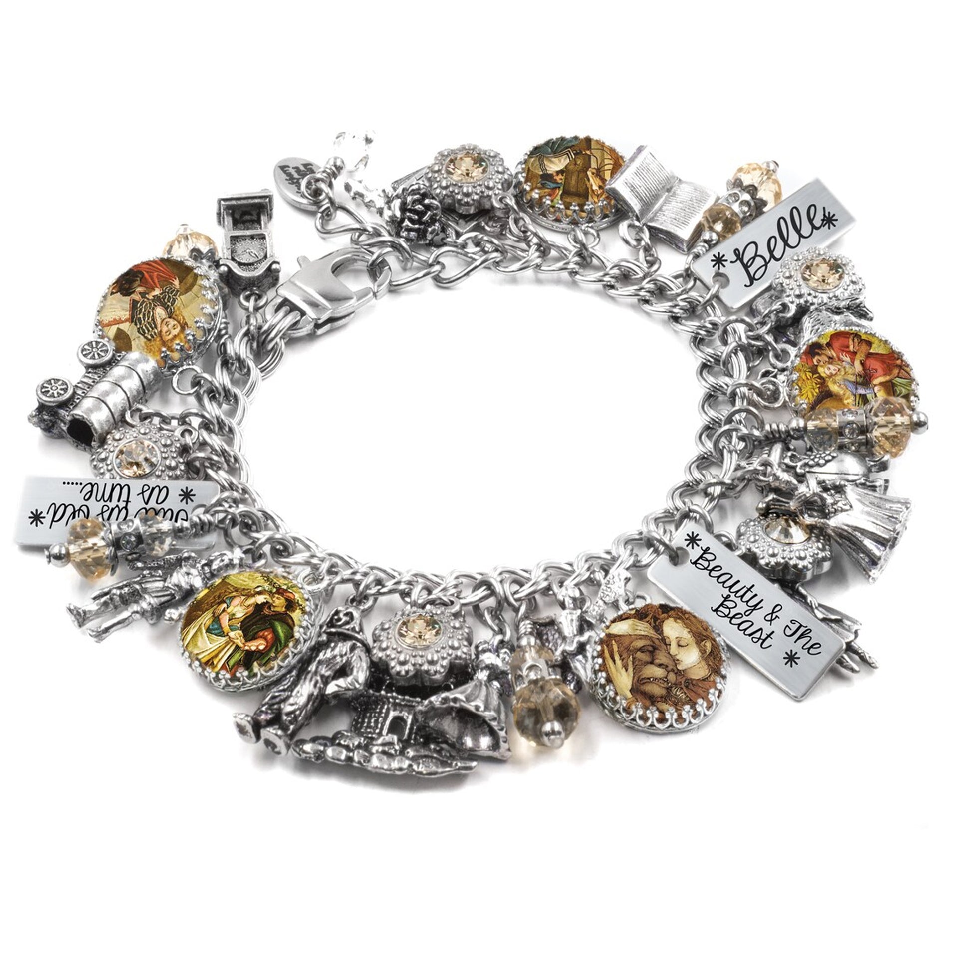 A silver charm bracelet adorned with various charms, including a key, a castle, and a book, as well as a charm that says " Belle".