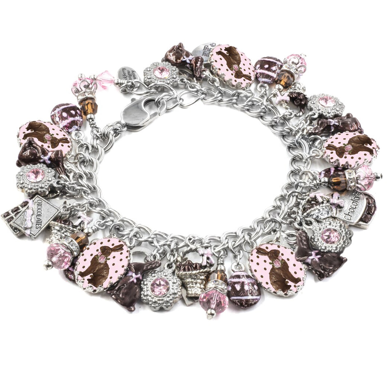 A bracelet with various charms and beads in shades of pink and silver.