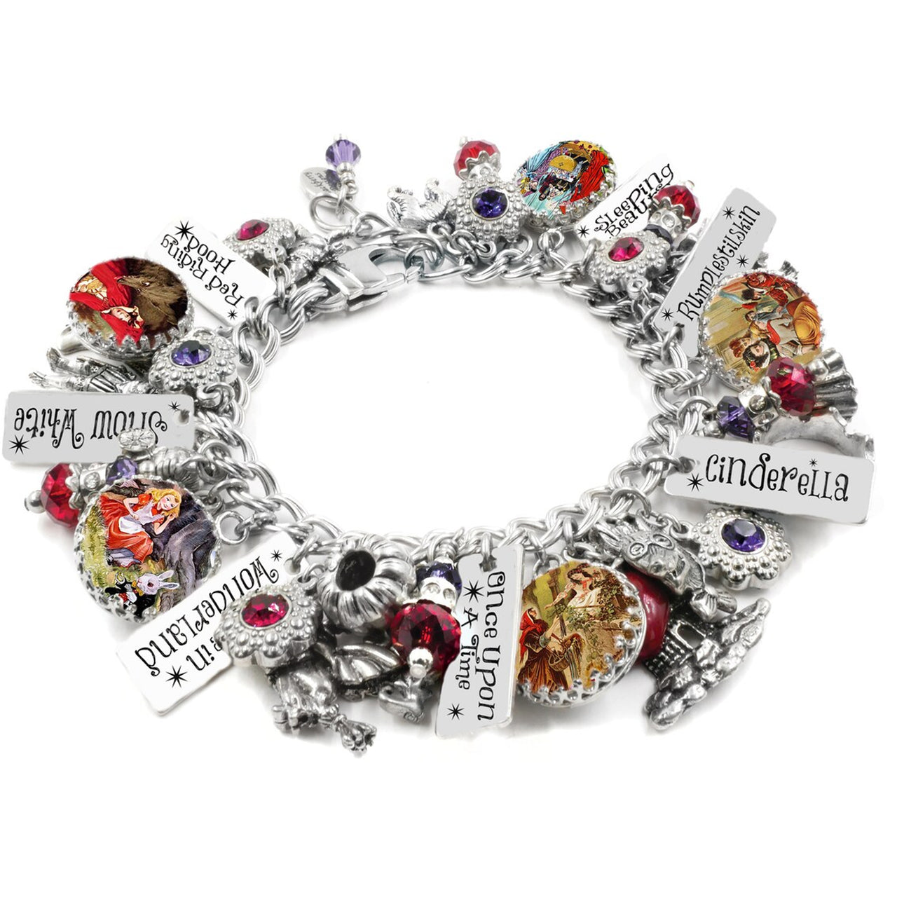 Handcrafted silver charm bracelet inspired by classic fairy tales, featuring charms for Cinderella, Snow White, Red Riding Hood, Sleeping Beauty, and Rumpelstiltskin. Includes vintage-style storybook artwork under glass cabochons, engraved tags with character names and phrases like ‘Once Upon a Time’ and ‘In Wonderland’. Accented with red, purple, and pink Austrian crystals. Displayed on a white background.