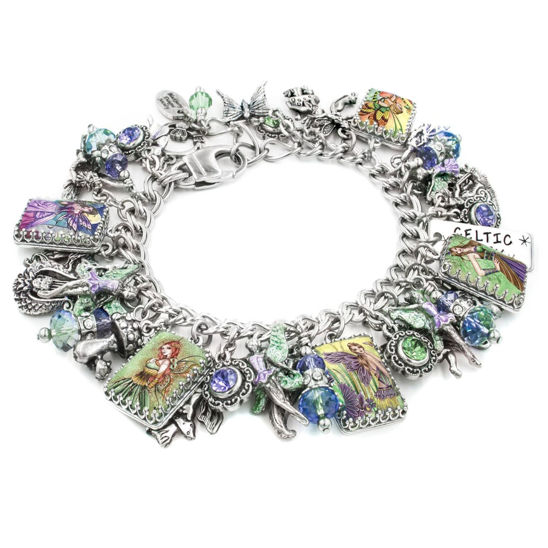 A colorful charm bracelet with various charms, including a butterfly, flowers, and other decorative elements, attached to a chain.