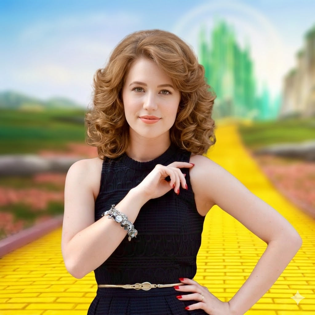 A woman with curly hair stands confidently on a yellow brick path, wearing a black dress and accessorized with a bracelet.