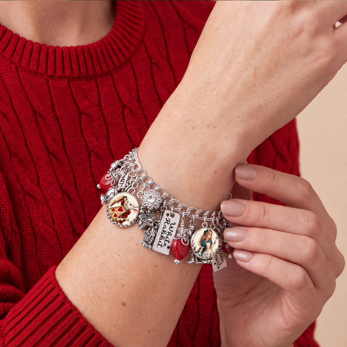Alice in Wonderland Bracelet – Non Tarnish Silver Charm Jewelry with Colorful Crystals