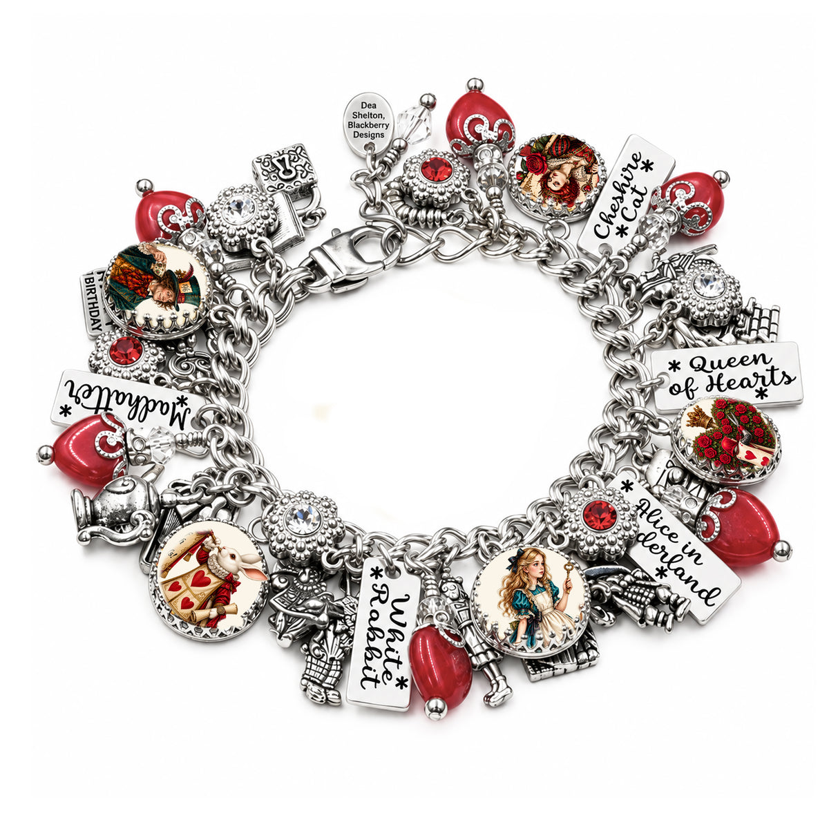 Alice in Wonderland Bracelet – Non Tarnish Silver Charm Jewelry with Colorful Crystals
