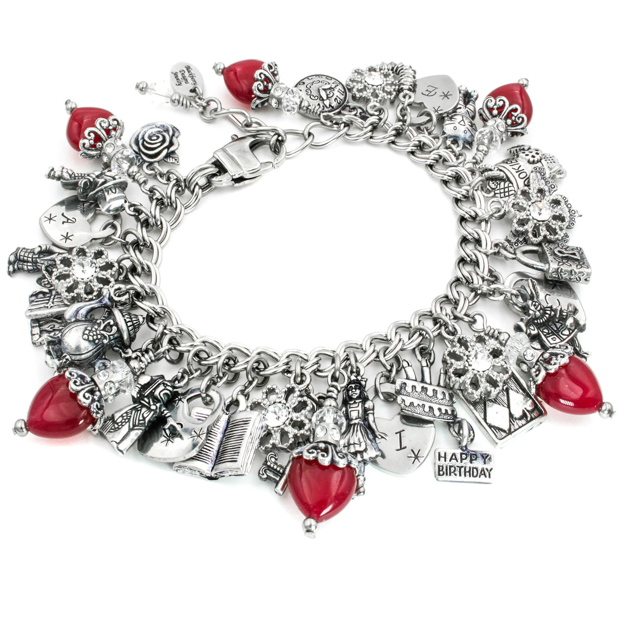 alice in wonderland, charm bracelet, red heart jewelry