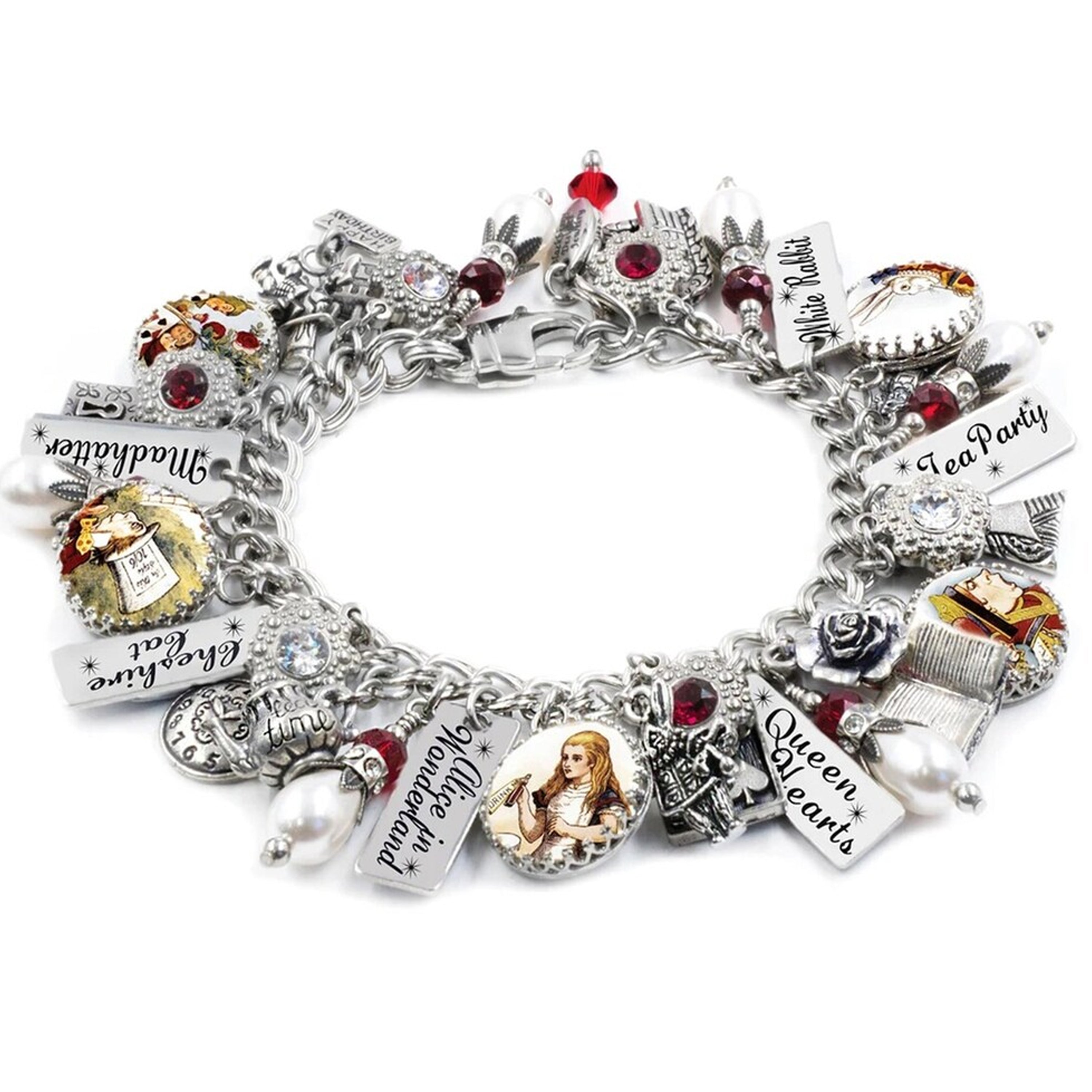 AUTHENTIC Pandora bracelet with retired Alice in Wonderland charms