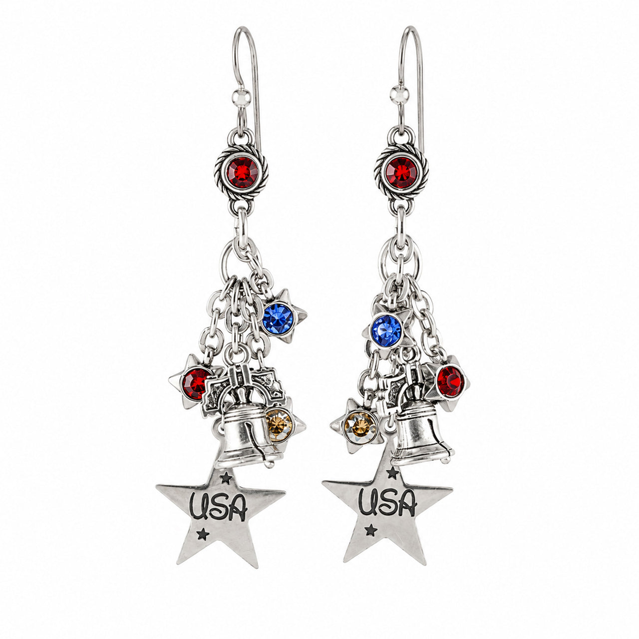 Red White Blue Earrings - Patriotic Jewelry With Silver Star Charms & Sparkling Crystals
