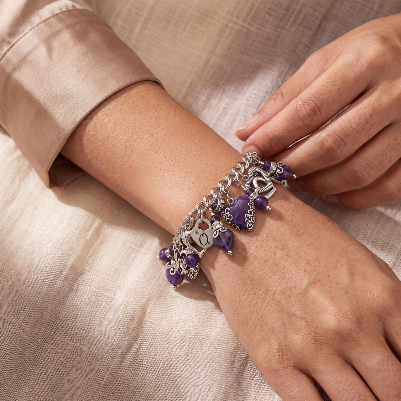 Amethyst Heart Charm Bracelet