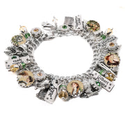 Anne of Green Gables charm bracelet in silver stainless steel with vintage storybook image charms, engraved “Kindred Spirits” and “Raspberry Cordial” tags, and green and golden crystal accents.