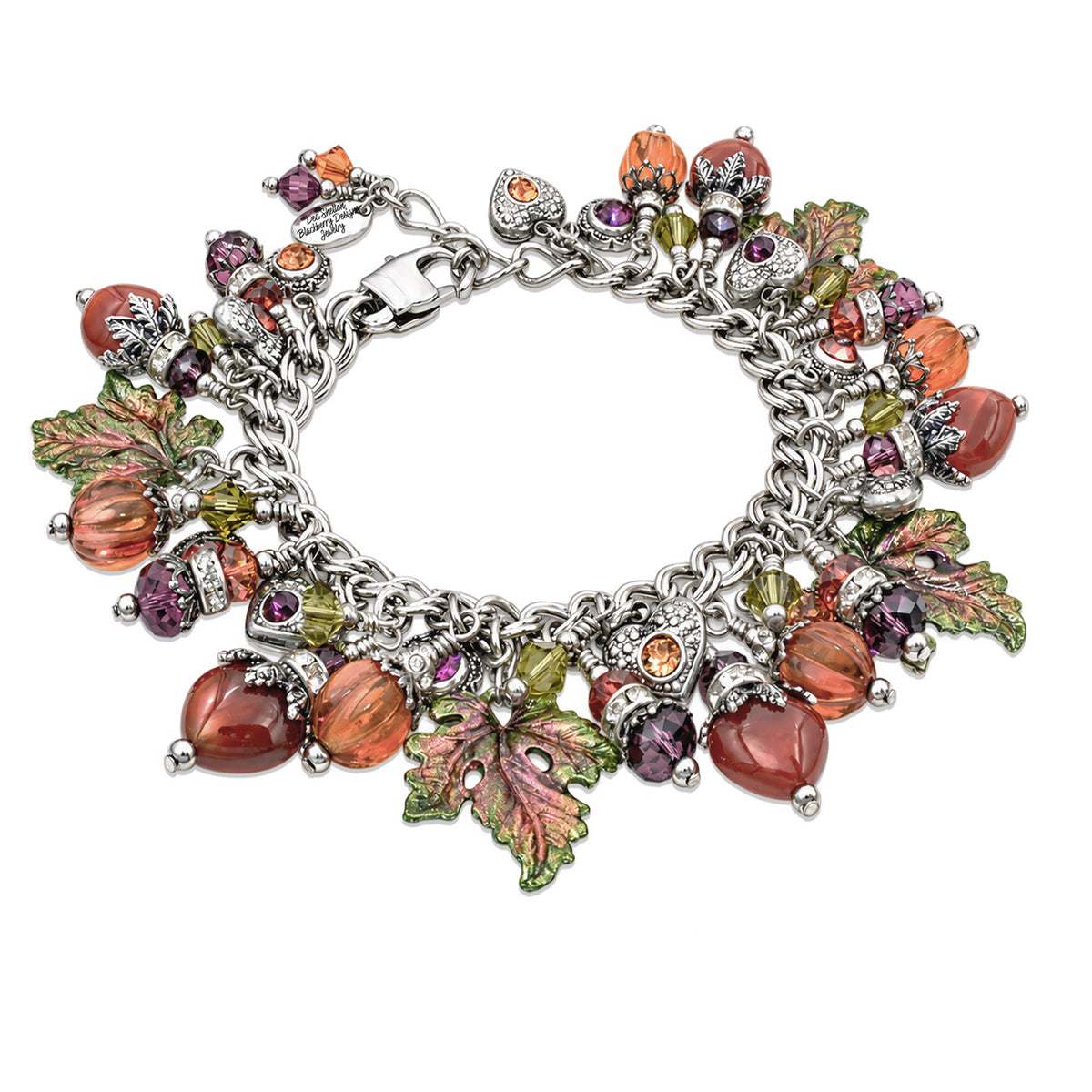 autumn leaves charm bracelet hand painted charms in burgundy purple and green with over 30 charms including carnelian gemstones and crystal pumpkins and amethyst gemstones