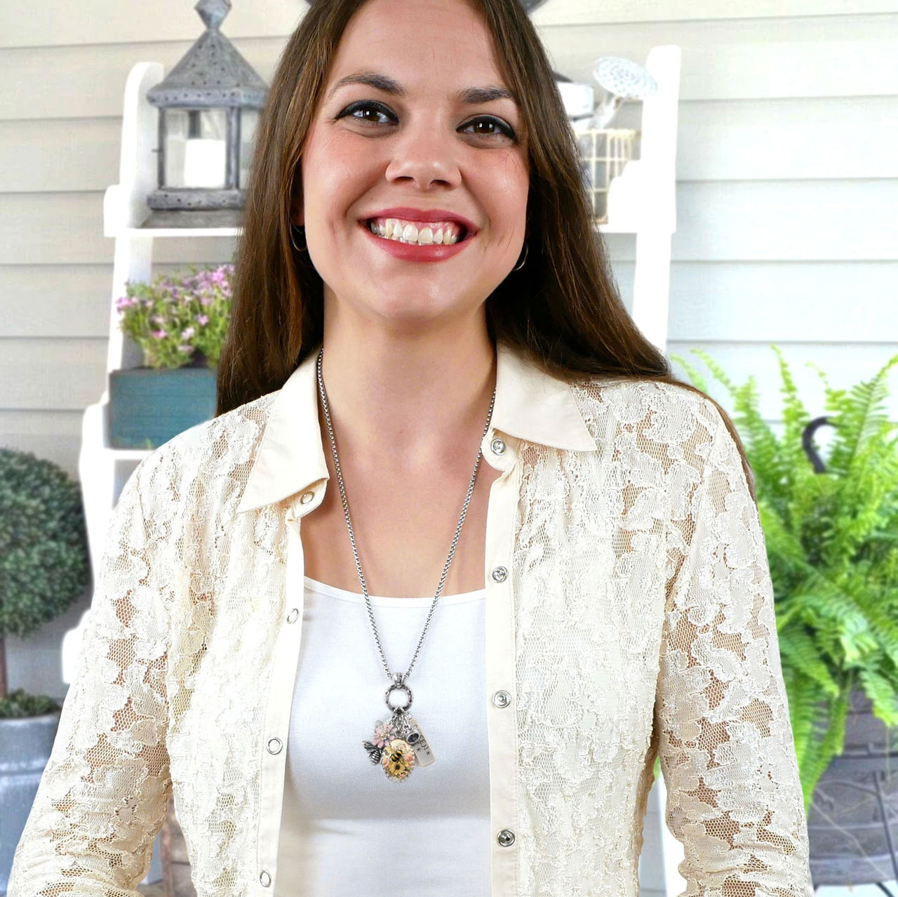 Silver Bee Necklace with Pink Daisy and Crown Charm