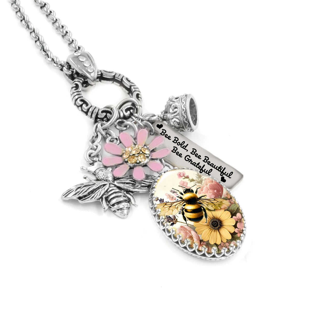 Silver Bee Necklace with Pink Daisy and Crown Charm