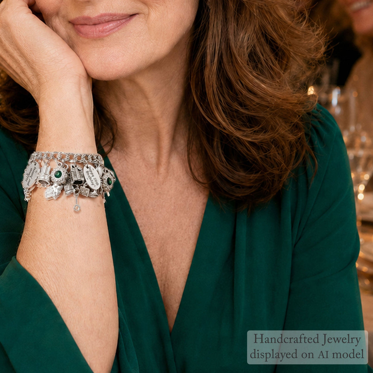 Woman in a green dress with jewelry at a festive gathering