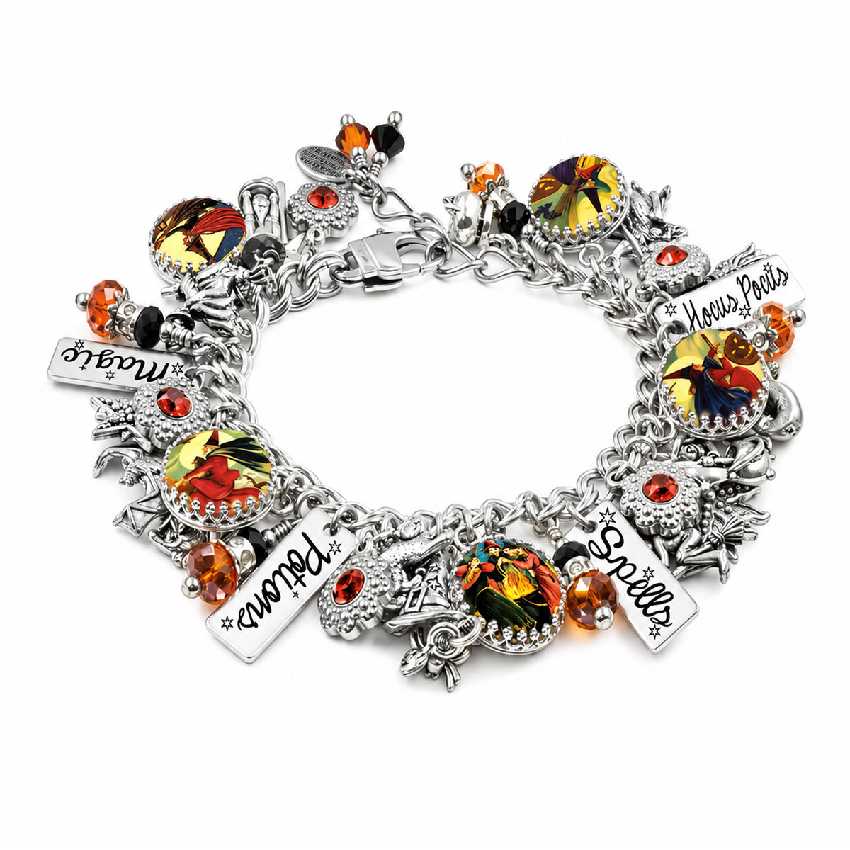 Silver witchy charm bracelet featuring multiple colorful faceted gemstones in orange, yellow, and red, along with engraved nameplates reading 'Mom', 'hocus pocus, 'Spells', and 'potions and magic.