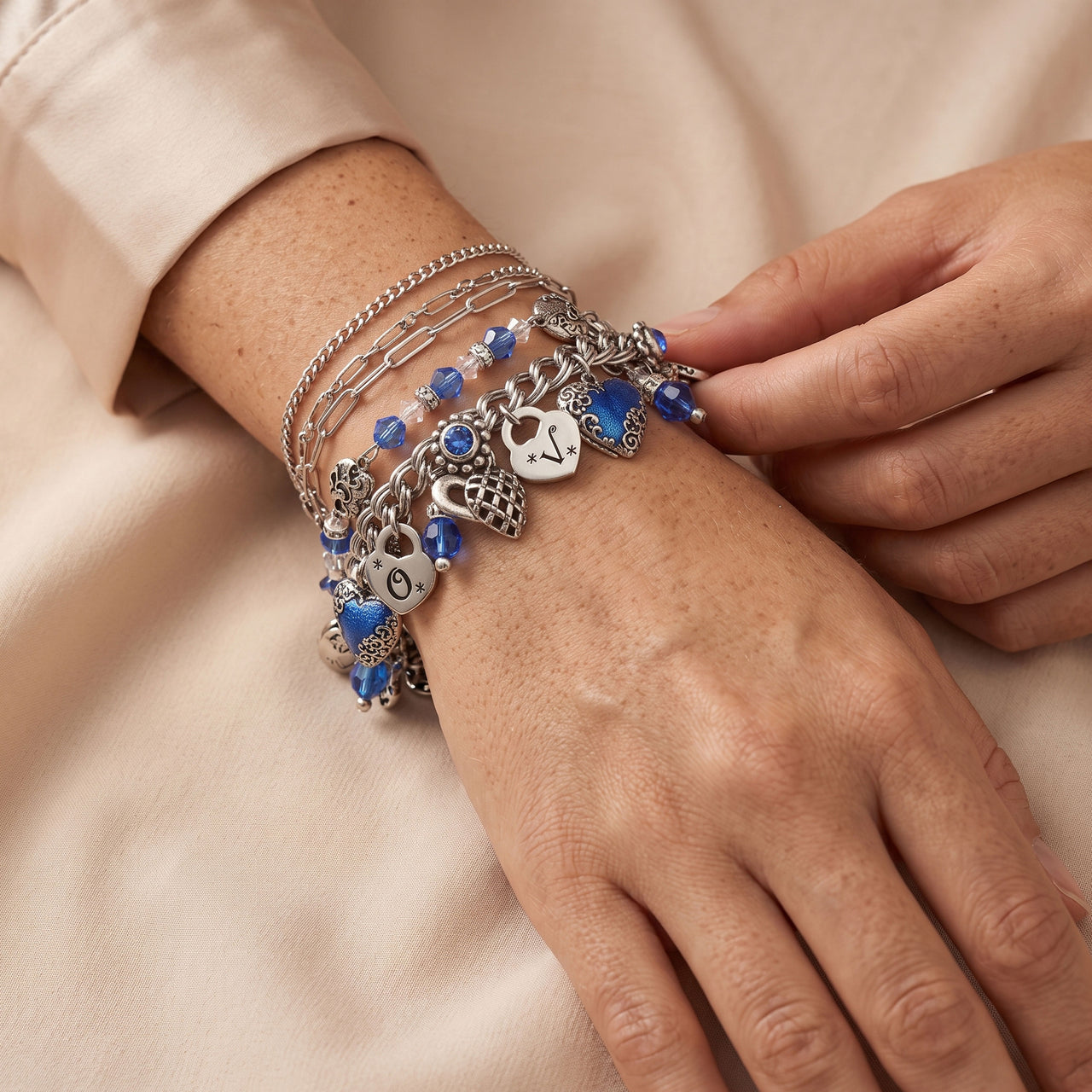 Sapphire Heart Charm Bracelet - Hand Painted