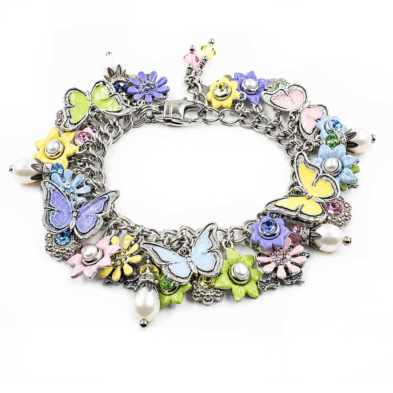 Spring Flower Charm Bracelet – Hand Painted Butterflies & Pearls
