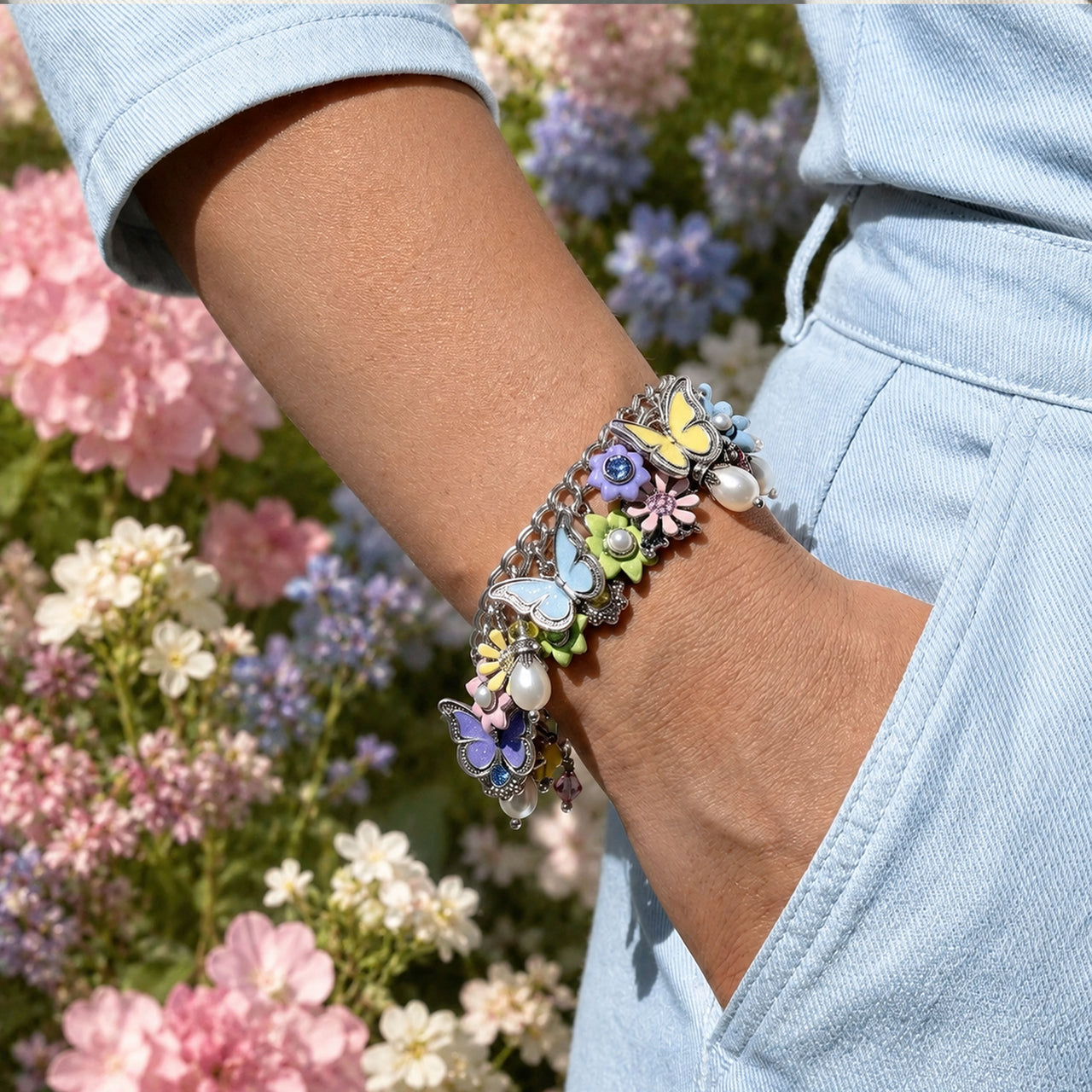 Spring Flower Charm Bracelet – Hand Painted Butterflies & Pearls