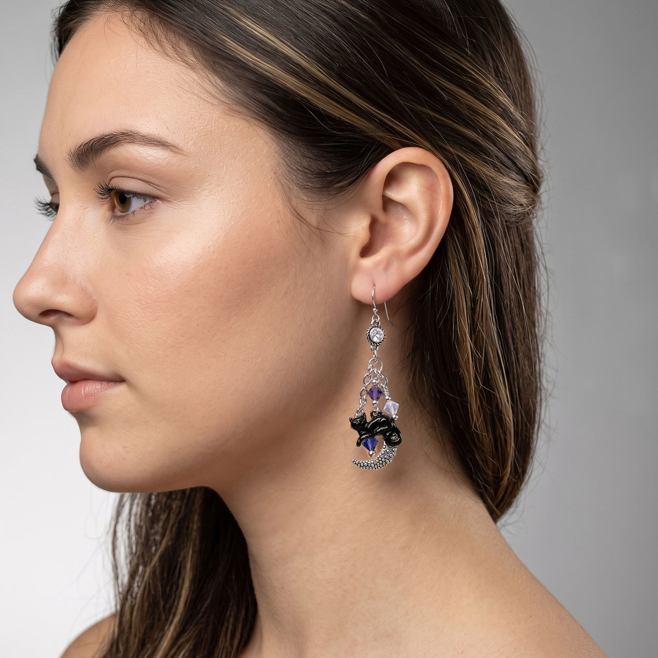 Black Cat Earrings in Crescent Moon