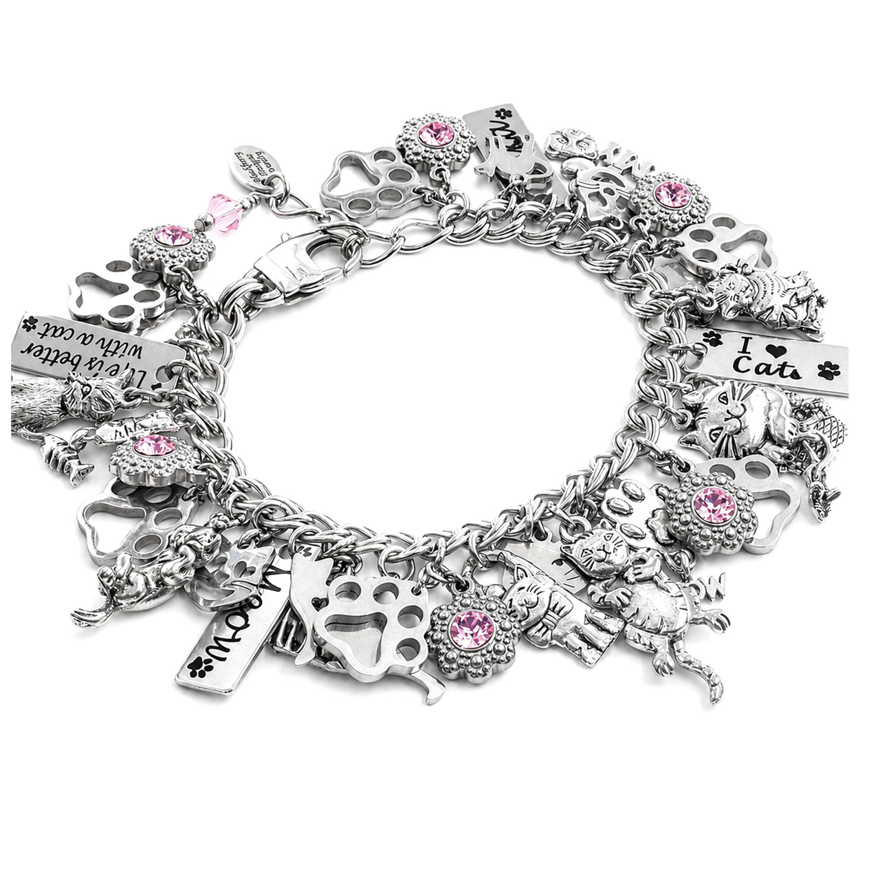Personalized Cat Charm Bracelet, Birthstone Jewelry