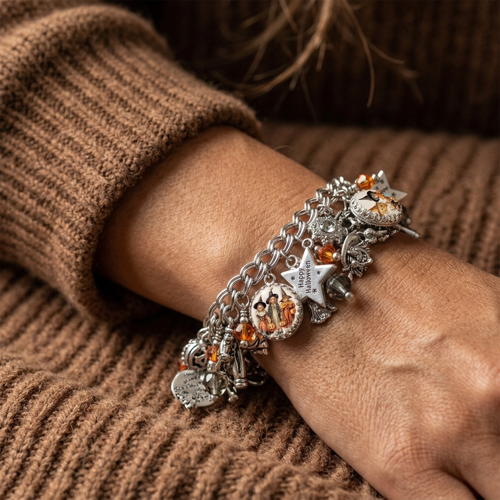 Bracelet with various charms on a wrist against a brown textured background