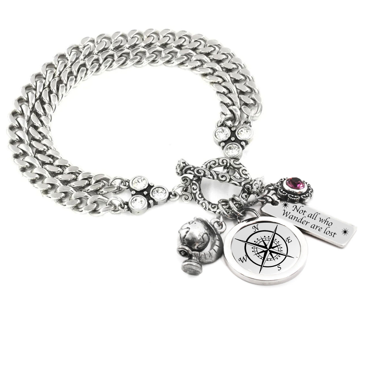 Not all who wander are lost nautical bracelet with compass in stainless