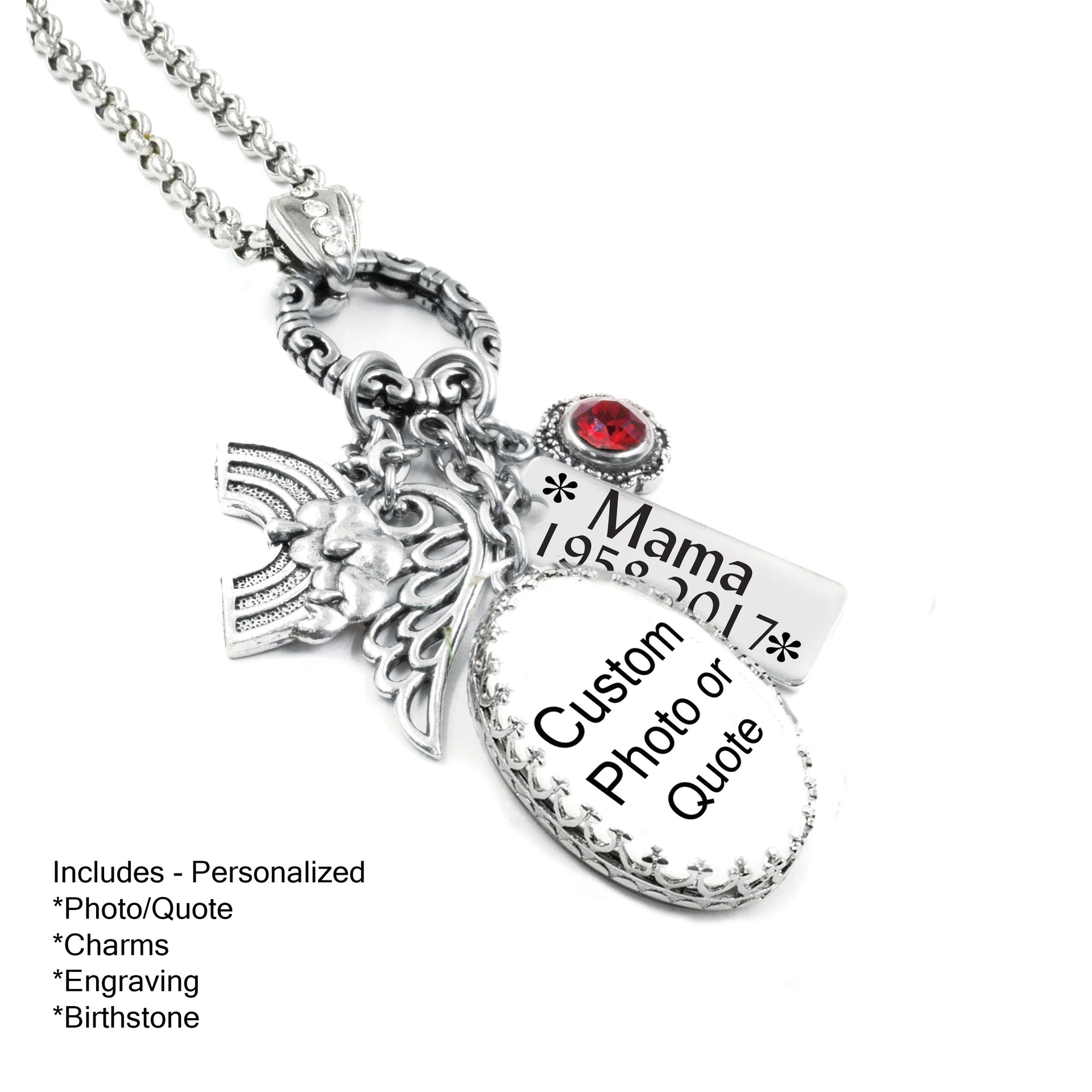 custom silver necklace with pendant.  Includes your choice of quote or photo with silver charms, personalized engraving, and crystal color all in non tarnish silver.  Come is adjustable lengths from 18 inches to 36 inches.  