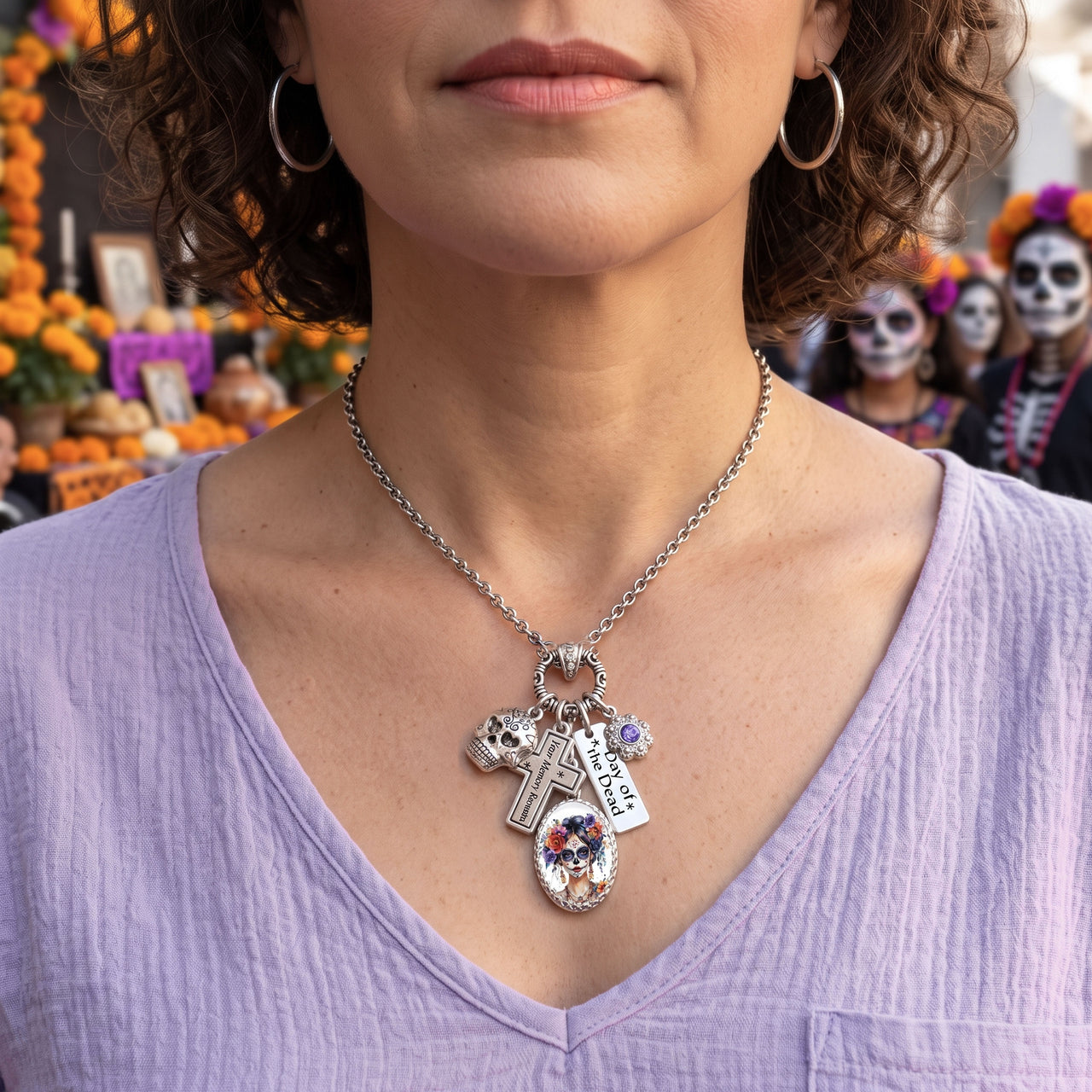 Calavera Sugar Skull Necklace, Day of the Dead Memorial Jewelry