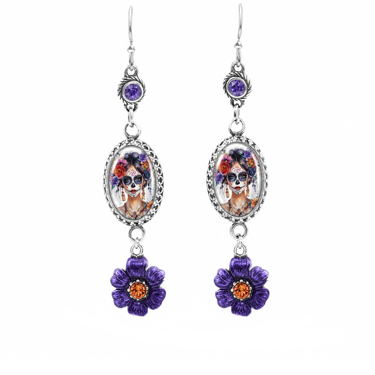Calavera Sugar Skull Earrings, Day of the Dead Purple Flower Charms