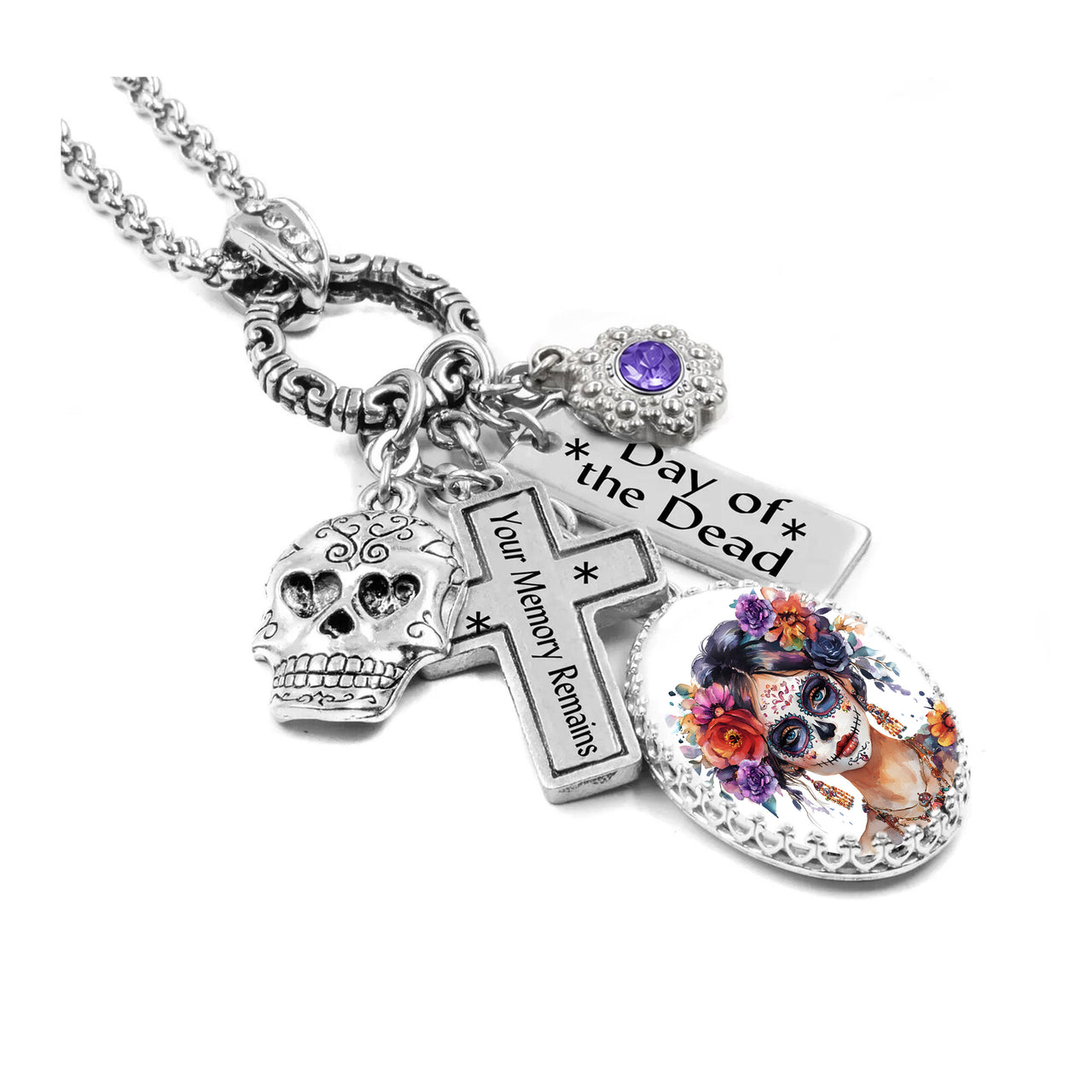 Calavera Sugar Skull Necklace, Day of the Dead Memorial Jewelry