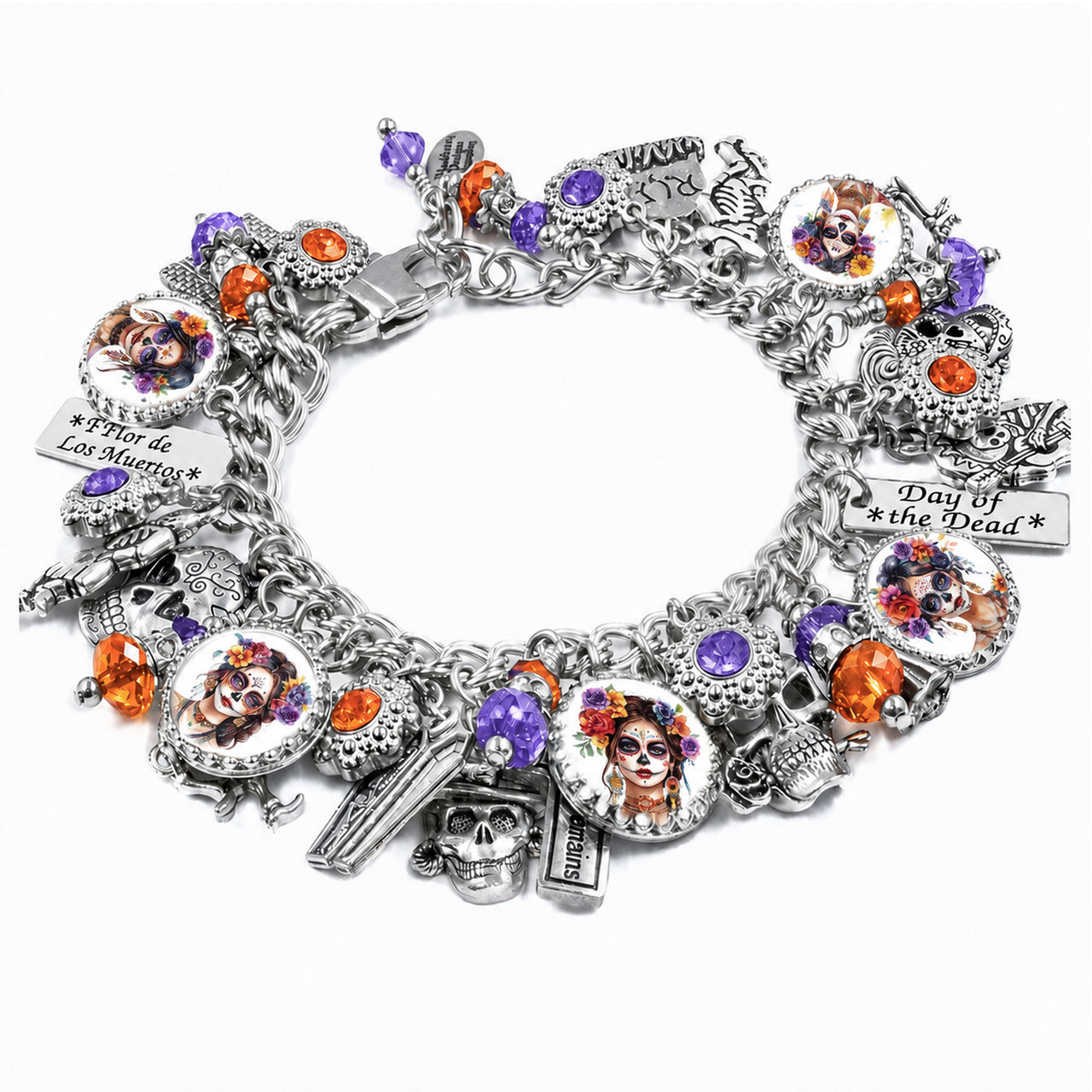 Sugar Skull Charm Bracelet, Day of the Dead Gift Celebrating Loved Ones