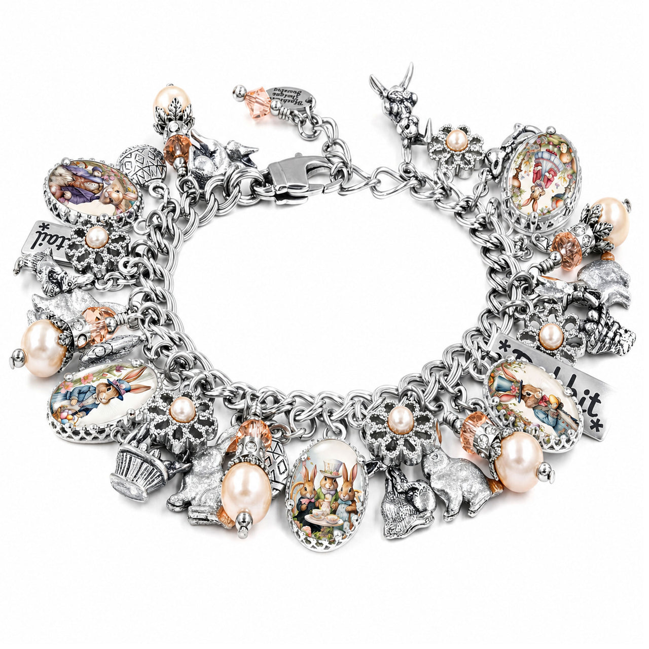 Easter Bunny Charm Bracelet – Victorian Spring Jewelry with Crystals & Quotes